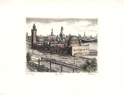 Alter Elbtunnel Hamburg, Landungsbrücken. Handkolorierte Original-Radierung, Behrens