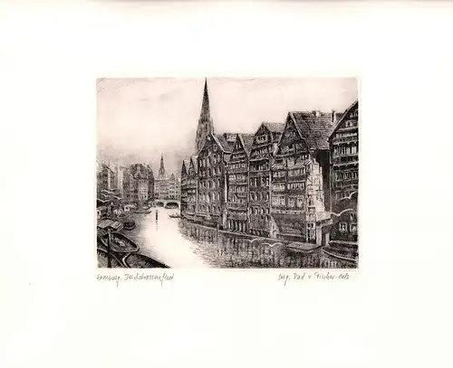 Deichstraßenfleet, Hamburg. Einfarbige Original-Radierung, Fischer-Oels, Helma