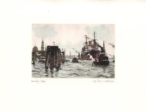 Hafen Hamburg mit Duckdalben II. Handkolorierte Original-Radierung, Mühlhan, Adolf