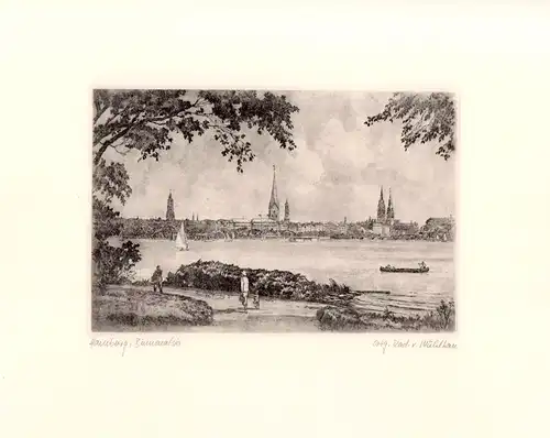 Außenalster in Hamburg [II]. Einfarbige Original-Radierung, Mühlhan, Adolf