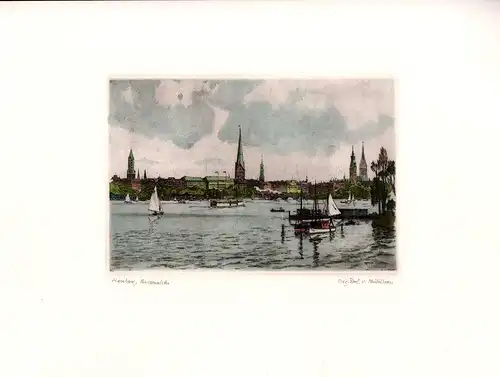 Außenalster in Hamburg [IV]. Handkolorierte Original-Radierung, Mühlhan, Adolf