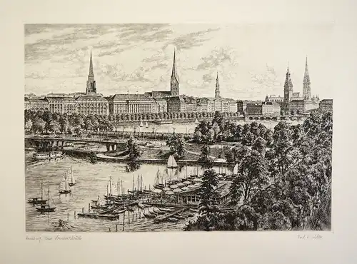 Neue Lombardsbrücke Hamburg. Einfarbige Original-Radierung, Adler, Richard