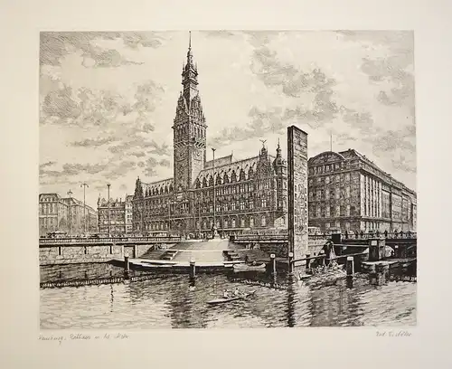 Rathaus Hamburg mit Kleiner Alster. Einfarbige Original-Radierung, Adler, Richard