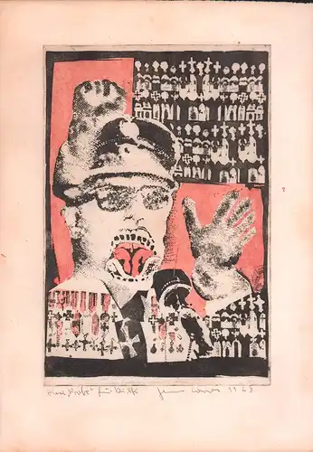 [Pinochet] Der menschenfressende General zwischen Grab- und Ehrenkreuzen. Ankolorierte Radierung. Signiert und datiert. Mit Widmung: Diese "Probe für Dieter", Cords, Jens (1932-2024)