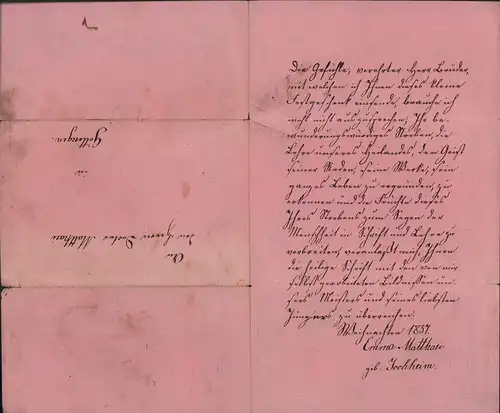 Matthaei, Emma: Handschriftlicher Brief "an den Herrn Doctor Matthaei in Göttingen". In gefälliger deutscher Kurrentschrift in schwarzer Tinte, mit Datum u. Unterschrift "Emma Mattaei geb. Jochheim". 