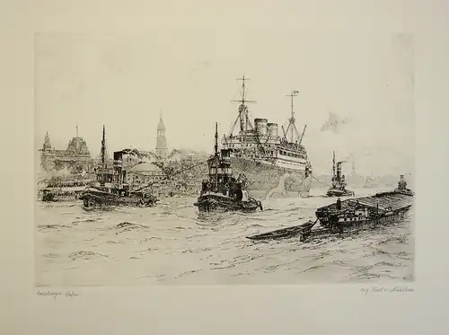 Hafen Hamburg mit HAPAG-Passagierschiff. Einfarbige Original-Radierung, Mühlhan, Adolf