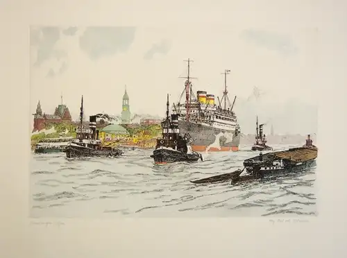 Hafen Hamburg mit HAPAG-Passagierschiff. Handkolorierte Original-Radierung, Mühlhan, Adolf