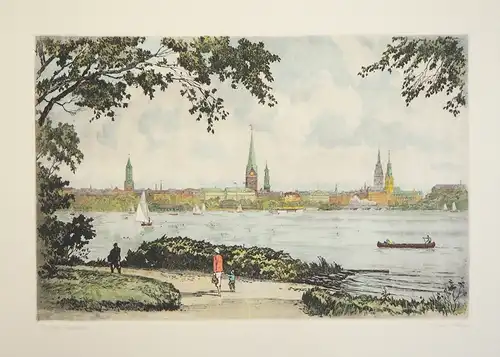 Außenalster in Hamburg [II]. Handkolorierte Original-Radierung, Mühlhan, Adolf