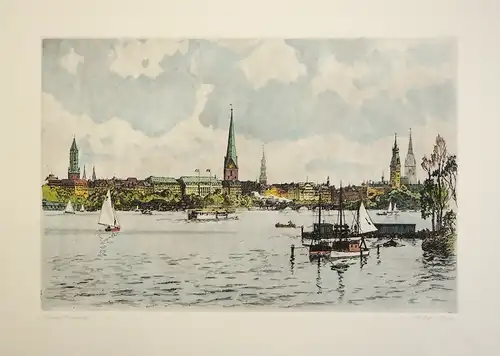 Außenalster in Hamburg [IV]. Handkolorierte Original-Radierung, Mühlhan, Adolf