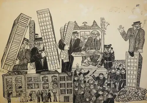 Häuserkampf in Frankfurt. Original- Federzeichnung, Ungeheuer, Natascha