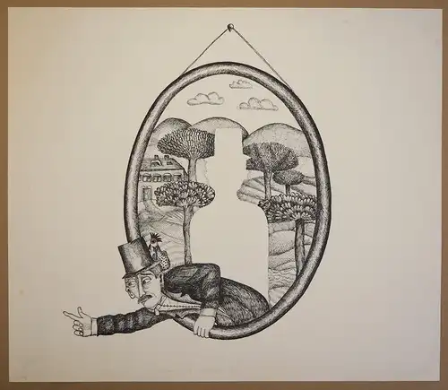 Der Mann will aus dem Bild. Federzeichnung. Offset-Litho, Ungeheuer, Natascha