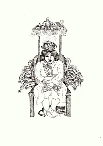 Die Nachbarin hat Besuch. Federzeichnung. Offset-Litho, Ungeheuer, Natascha