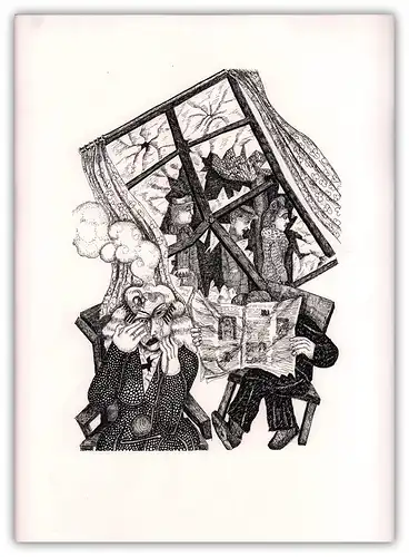 Das Fenster zerbirst. Federzeichnung. Offset-Litho, Ungeheuer, Natascha