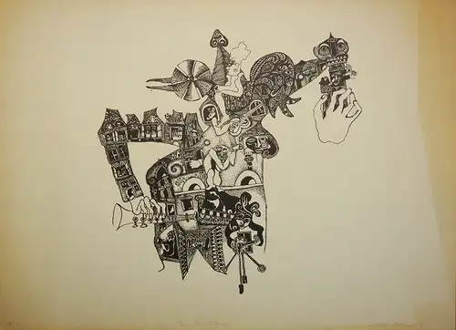 Mein Haus emigriert. Federzeichnung. Offset-Litho, Ungeheuer, Natascha