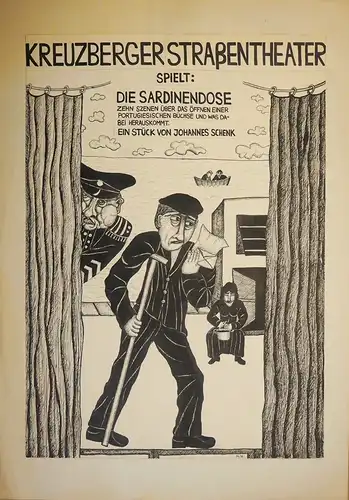 Plakat zum Theaterstück "Die Sardinendose" von Johannes Schenk. Original- Federzeichnung, Ungeheuer, Natascha
