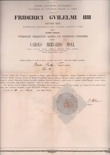Q.D.B.V. auspiciis sapientissimis felicissimisque augustissimi et potentissimi principis ac domini domini Friederici Guilelmi IIII Borussiae regis, Marchonis Brandenburgici supremi Silesiae ducis, cetera patris patriae Universitatis Fridericianae Halensis