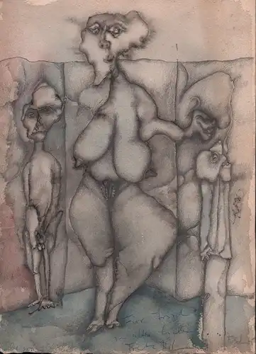 Die große Liebe. Aquarell über Bleistiftvorzeichnung mit Tusche. Signiert u. datiert, mit persönlicher Widmung, Böhm, Frank (1936-2000) dt. Maler u. Grafiker