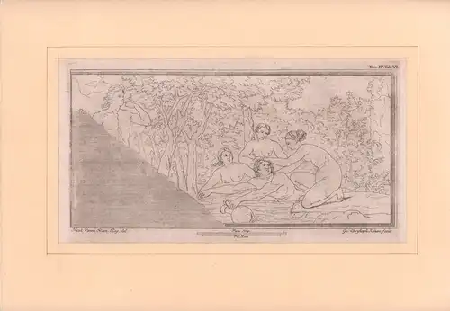 Kilian, Georg Christoph: Wasser schöpfender Jüngling, von drei Grazien (?) am Ufer überrascht. Kupferstich nach einer Zeichnung von Nicol(o) Vanni. 