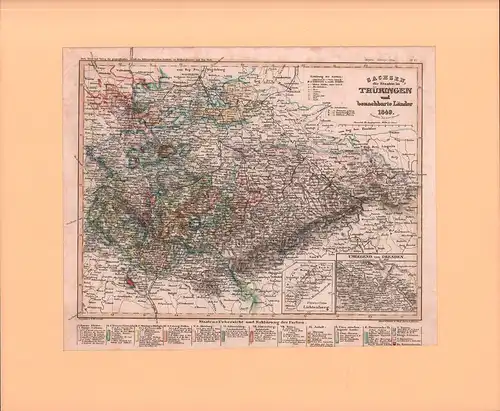 Sachsen, die Staaten in Thüringen und benachbarte Länder 1849. Gez. vom Art. Pr. Ltn. Renner. Grenzkolorierter Stahlstich