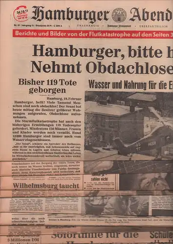 Die große Flut in Hamburg im Februar 1962. Konvolut von 9 Ausgaben des "Hamburger Abendblatt". Unabhängig - Hamburger Fremdenblatt - Überparteilich. Nr 42 - 49...