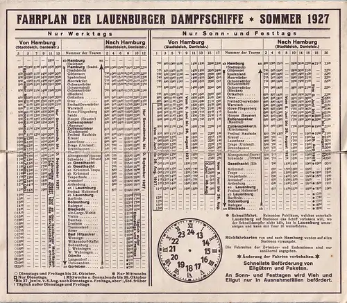 Fahrplan der Lauenburger Dampfschiffe. Leporello gefaltet. Mit 1 farb. Plan von Hamburg bis Gorleben, gesäumt von 13 s/w. Ansichten. 