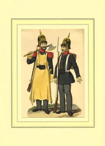 Infanterist und Sapeur des Hamb. [Hamburgischen] Contingents. Altkolorierte Kreidelithographie von Heinrich Jessen, auf dem Stein signiert