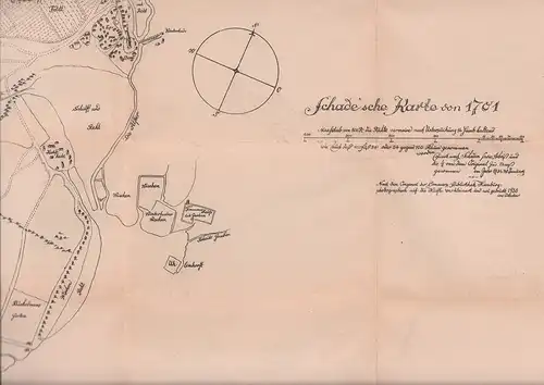 Schade'sche Karte von 1701. Copiert nach Schaden sowie Abriß und die 1/2 von dem Original zur Maaß genommen im Jahr 1734. Nach dem Original der Commerz-Bibliothek Hamburg photographisch auf die Hälfte verkleinert und neue gedruckt. 
