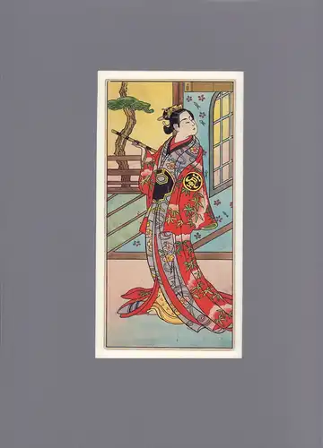 Japanische Tuschzeichnung [Flötenspielerin mit abgesetztem Instrument vor einem Haus]. Feder und Aquarell, anonym. 