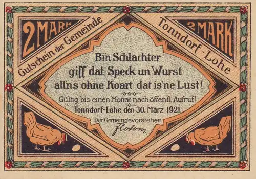 Gutschein der Gemeinde Tonndorf-Lohe. Sieben Notgeld-Scheine im Wert zwischen 20 Pfenning und 2 Mark. 