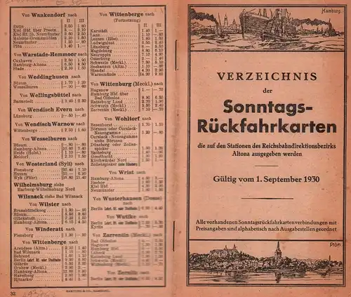 Verzeichnis der Sonntags- und Ausflugs-Rückfahrkarten, die auf den Stationen des Reichsbahndirektionsbezirks Altona ausgegeben werden. Gültig vom 1. September 1930. 