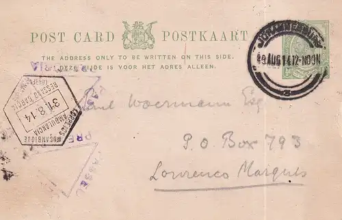 POSTKARTE an Paul Woermann in Lourenco Marques [heute: Maputo]. Datiert 27. 8. [1914]. 