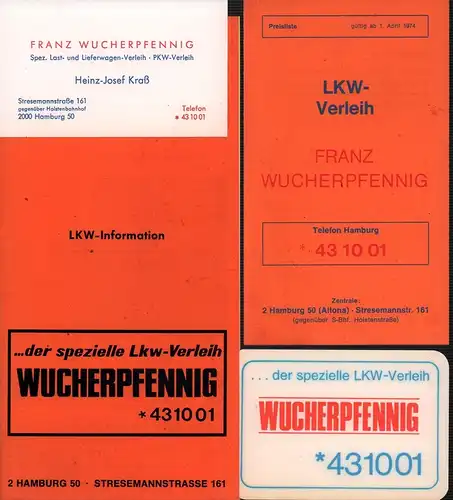 Lkw-Verleih Franz Wucherpfennig. Kleinkonvolut Werbung. 4 Teile. 