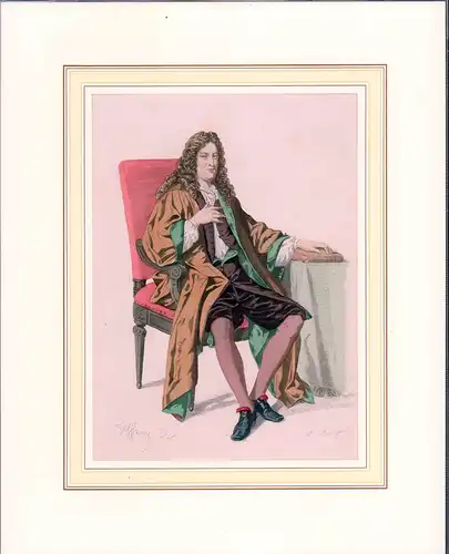 PORTRAIT Jean Racine. Ganzfigur, sitzend, nach rechts. Kolorierter Stahlstich von E. Bracquel nach einer Zeichnung von Geffroy, Racine, Jean