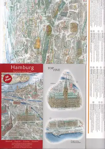 Hamburg, Panorama einer Stadt [Stadtplan]. 3-D-Plan. Deutsch - English - Svenska - Espanol. Mit Beschreibung der Sehenswürdigkeiten. 