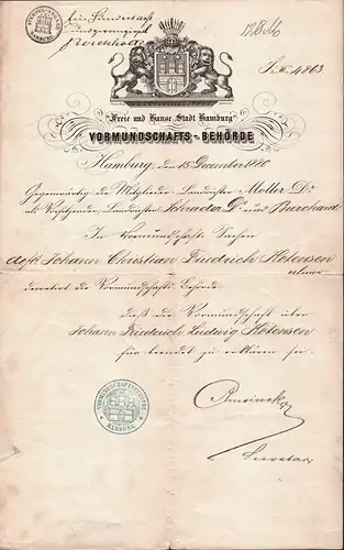 Bestallungsurkunde Freie und Hanse Stadt Hamburg. Behördliche Bescheinigung über die Beendigung der Vormundschaft des Johann Christian Friedrich Kotensen