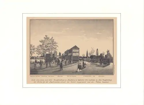 Ecke des neue und alten Jungfernstiegs in Hamburg im September 1842, nach dem im alten Jungfernstiege die Buden für die Abgebrannten erbaut, der Schutt weggeräumt und der Neubau begonnen. Zinkographie