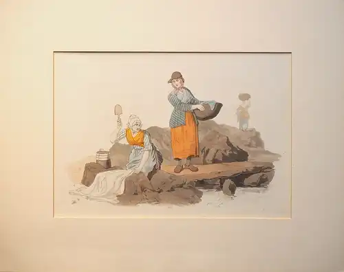 Pyne, William Henry: Wäscherinnen [Washerwomen] am Flussufer. Kolorierte Aquatinta-Radierung (unter Passepartout). 