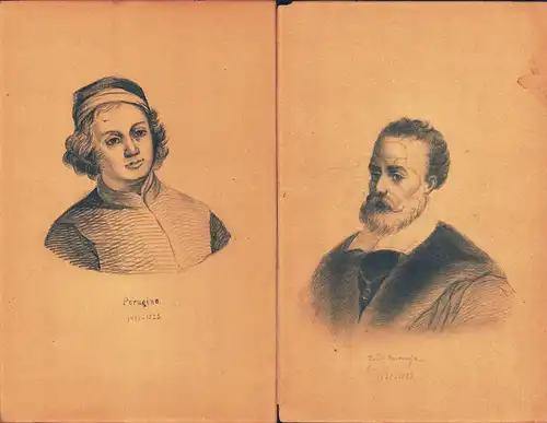 Zwei Bildnisse nach Künstlerporträts des 15. und 16 Jhdts.: [1.] "Paul Veronese, 1528   1588". Brustbild im Halbprofil nach links.   [2.] "Perugino.. 