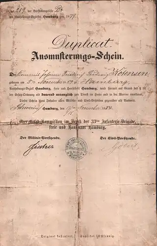 Ausmusterungs-Schein des Kommis Johann Friederich Ludwig Kotensen geboren am 5ten November 1859 zu Hamburg. 