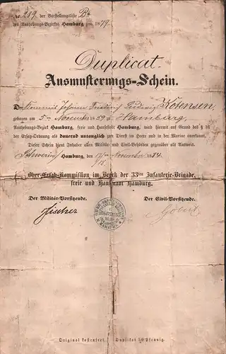 Ausmusterungs-Schein des Kommis Johann Friederich Ludwig Kotensen geboren am 5ten November 1859 zu Hamburg