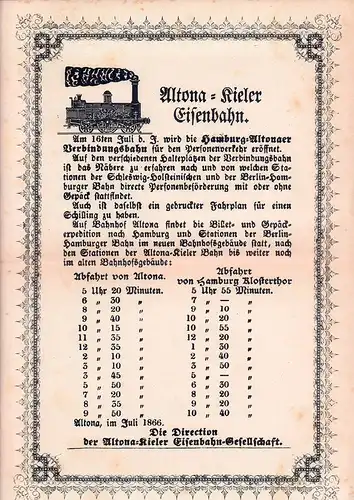 Altona-Kieler Eisenbahn. [Fahrplan-Bekanntmachung aus Anlaß der Eröffnung für den Personenverkehr]. 