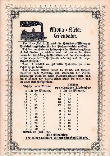 Altona-Kieler Eisenbahn. [Fahrplan-Bekanntmachung aus Anlaß der Eröffnung für den Personenverkehr]