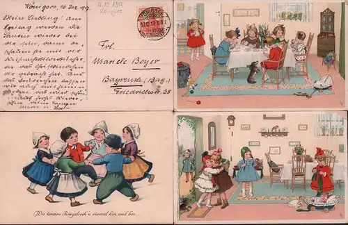 Kleinkonvolut von vier farbigen Postkarten mit Kinderszenen. 2 in Farblithographie, 2 in farb. Offestdruck. 