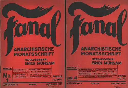 Fanal. Organ der anarchistischen Vereinigung. Anarchistische Monatsschrift, Jahrgang 2: [1.] Nummer 1, Oktober 1927; und [2.] Nummer 4, Januar 1928 (= zwei Einzelhefte), Mühsam, Erich (Hrsg.)