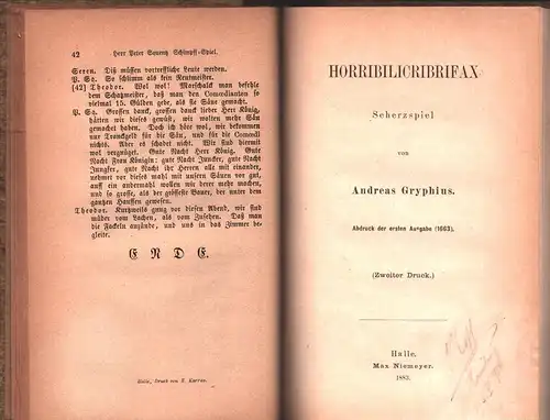 Gryphius, (Andreas): Peter Squenz. Schimpfspiel. (Abdruck der Ausgabe von 1663).