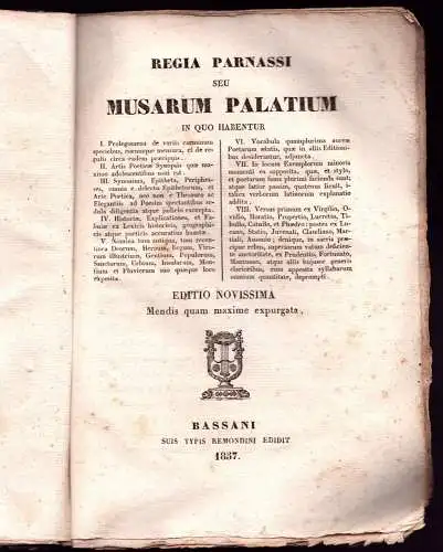[Vanière, Jacques zugeschireben]: Regia Parnassi, seu Musarum palatium in quo habentur ... Ed. novissima mendis quam maxime expurgata. 