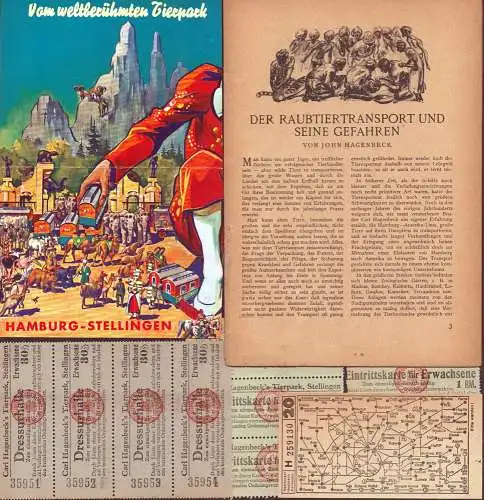 Carl Hagenbeck's Tierpark: Memorabilien eines Besuchs bei Hagenbeck. [1.] 4 Eintrittskarten für Erwachsene à 1 RM.   [2.] 4 Eintrittskarten Dressurhalle à 30 Pfennige.. 