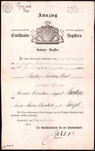 Auszug aus den von 1866 bis 1875 incl. geführten Civilstands-Registern. Geburts-Register. - Mit 2 BEILAGEN = 3 Teile, Die Aufsichtsbehörde für die Standesämter Hamburg