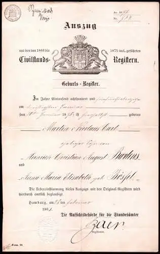 Die Aufsichtsbehörde für die Standesämter Hamburg: Auszug aus den von 1866 bis 1875 incl. geführten Civilstands-Registern. Geburts-Register. - Mit 2 BEILAGEN = 3 Teile. 