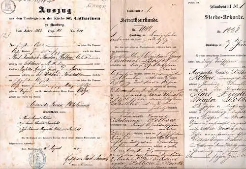 Familie Kolbow aus Hamburg: Konvolut von standesamtlichen Urkunden und Register-Auszügen. Mit zwei Beigaben. Zusammen 7 Teile (1 Doppel). 